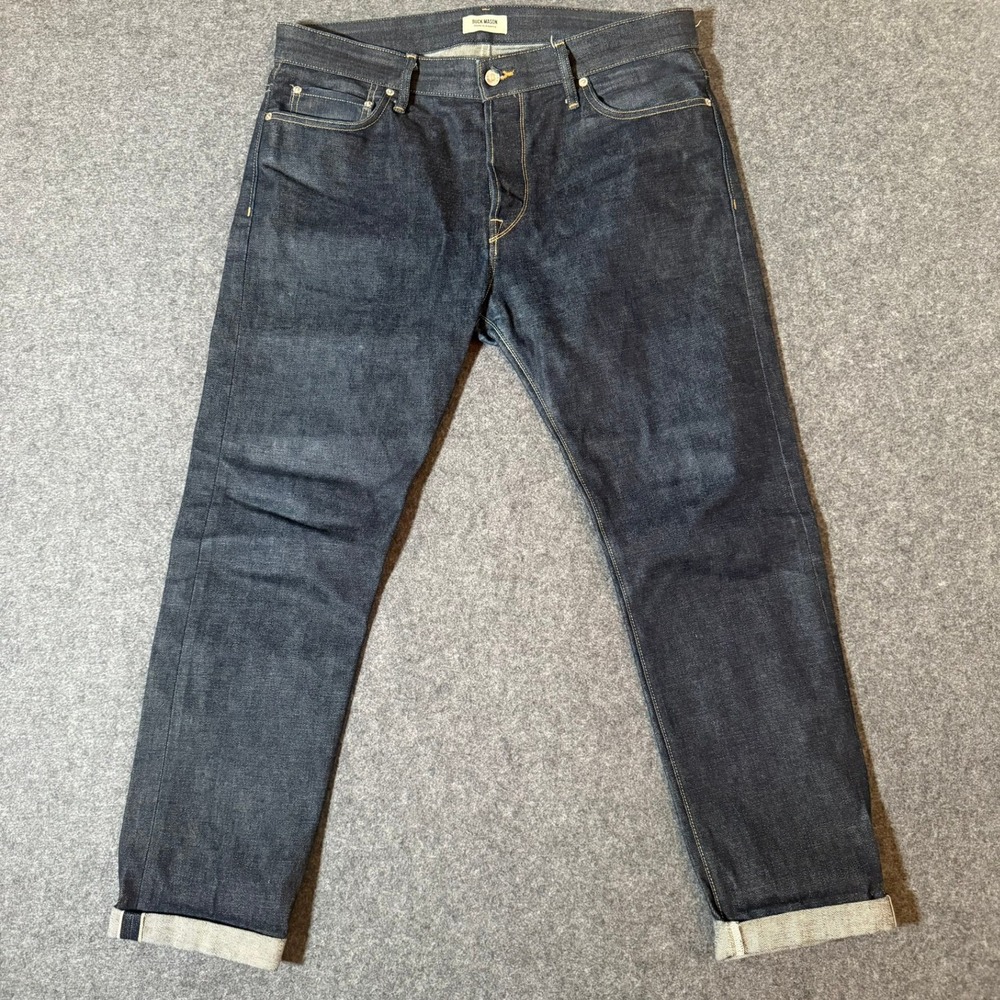 Buck Mason Mens Slim Fit Selvedge Jeans Indigo USA 13oz Denim 36x30 RAW HEM FLAW
